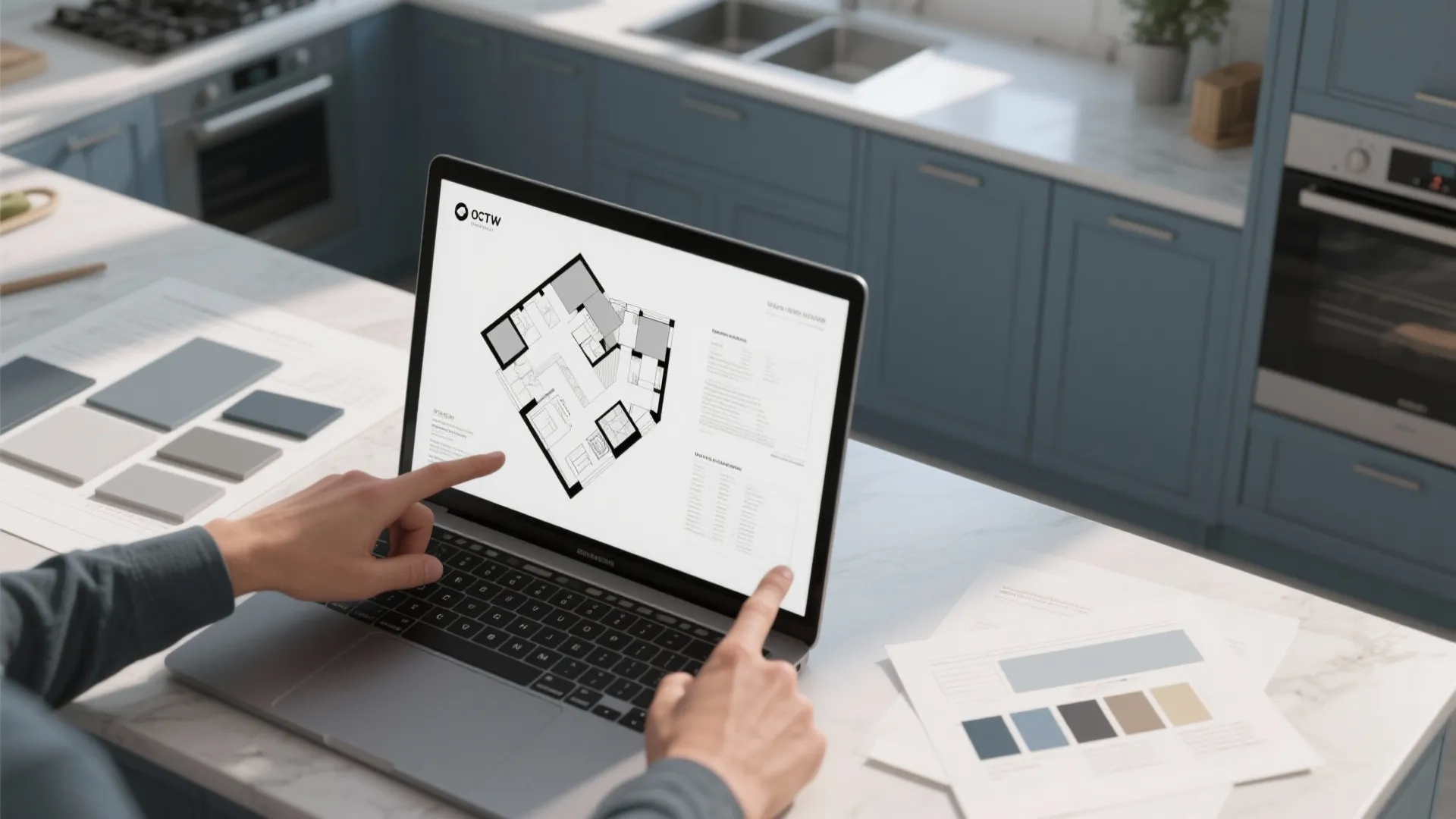 Laptop showing a floor plan layout on a kitchen counter with color samples and papers