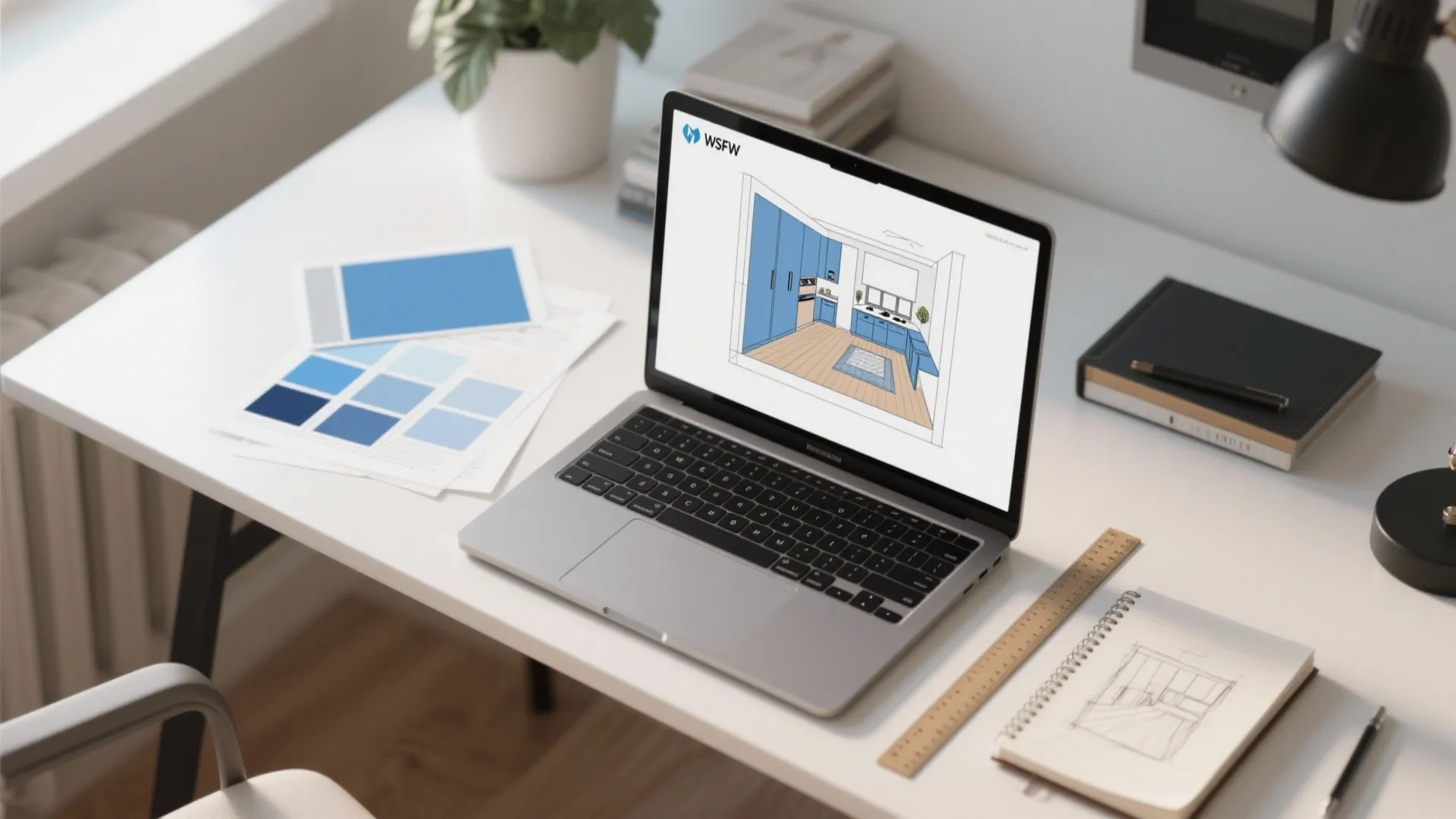 Top-down workspace with laptop showing kitchen plan and blue cabinet swatches
