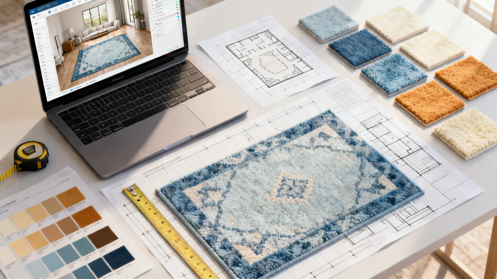 Top-down view of a room-planning workspace with a laptop showing rug placements and physical swatches