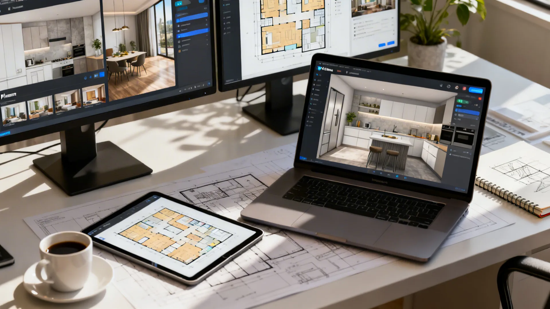 Workspace showing laptop and tablet with room planner and 3D planner apps open