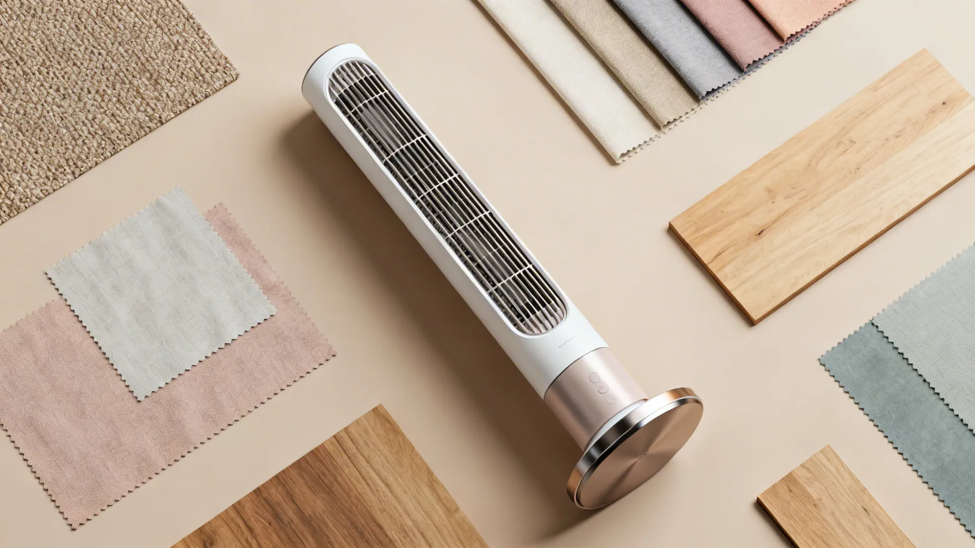 Design-forward tower fan with color and finish samples in a Scandinavian flatlay