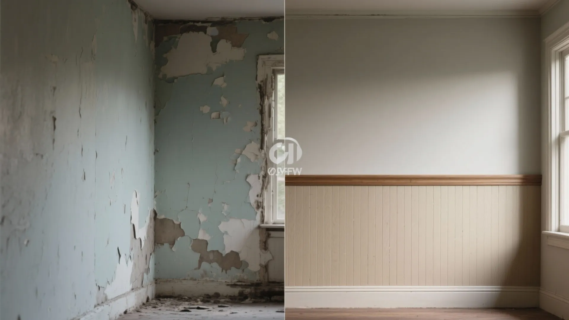 Before and after comparison of a peeling blue wall versus a new beige wall panel design
