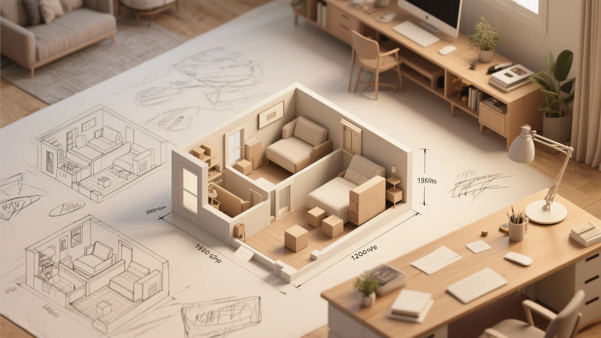 Interior design drawing with a small 3D room model and floor plan on office desk