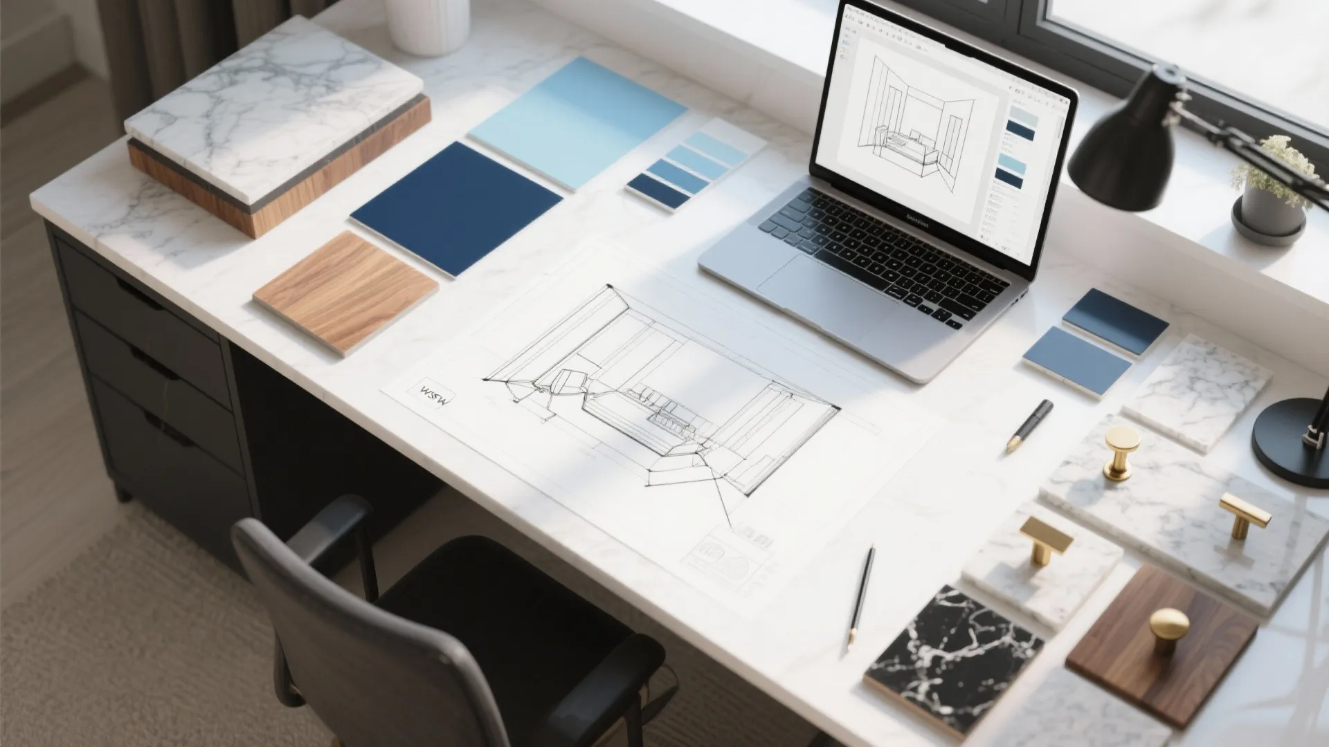 Designer workspace with layout sketches, paint swatches, countertop and hardware samples for a blue island project.