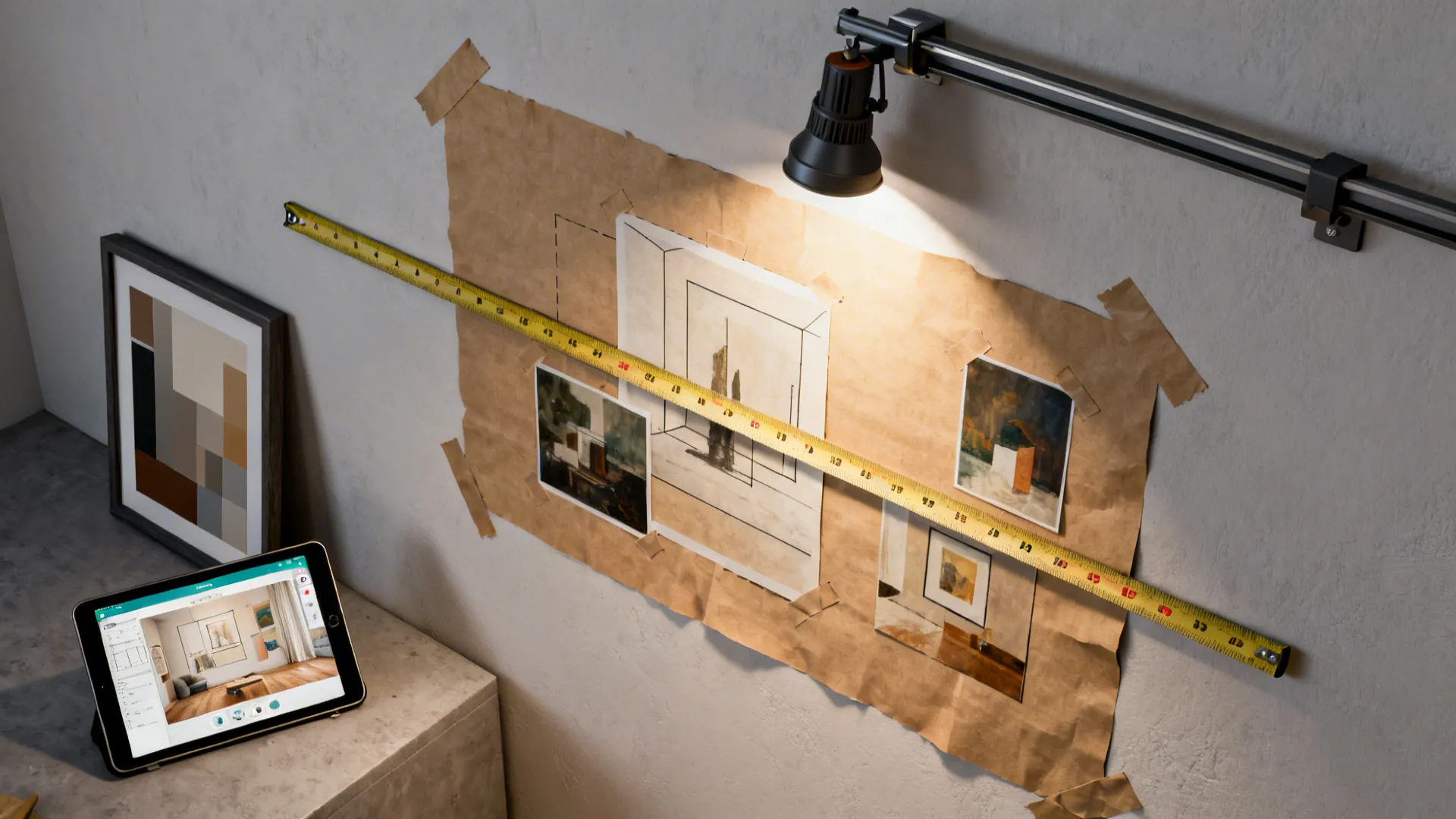 Mock-up workflow with kraft paper templates, measuring tape and a tablet showing a room planner for testing wall art scale.