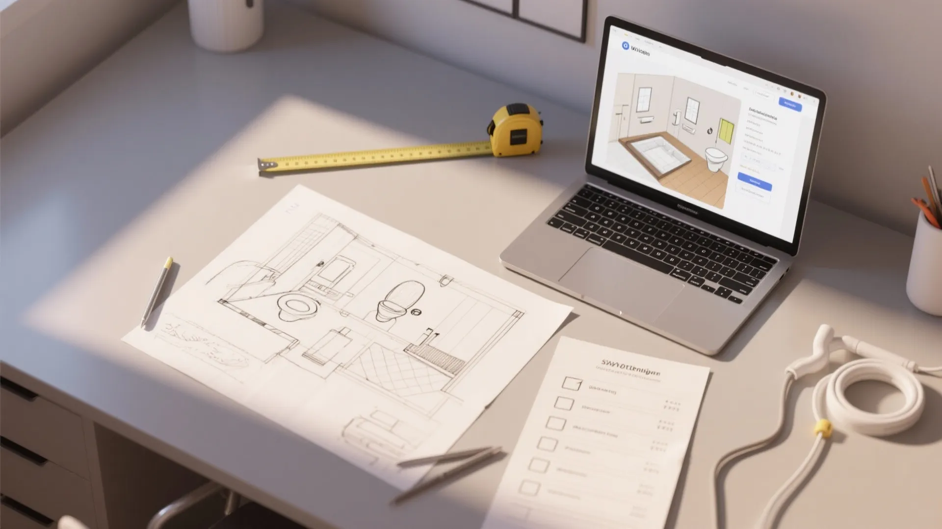 Top-down view of sketch, laptop with room planner, tape measure and checklist for vanity planning