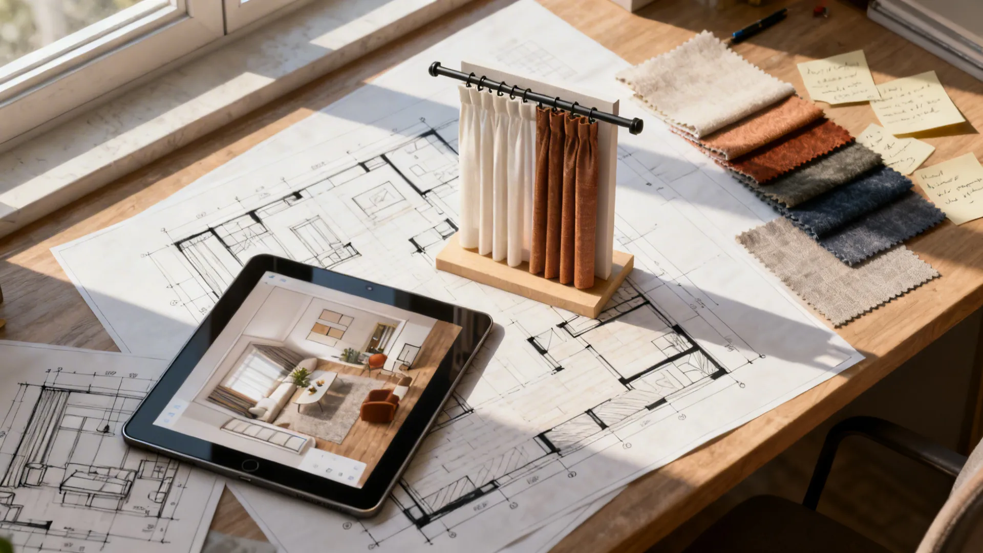 Designer desk with floor plan drawings tablet showing interior design drawing fabric swatches and curtain