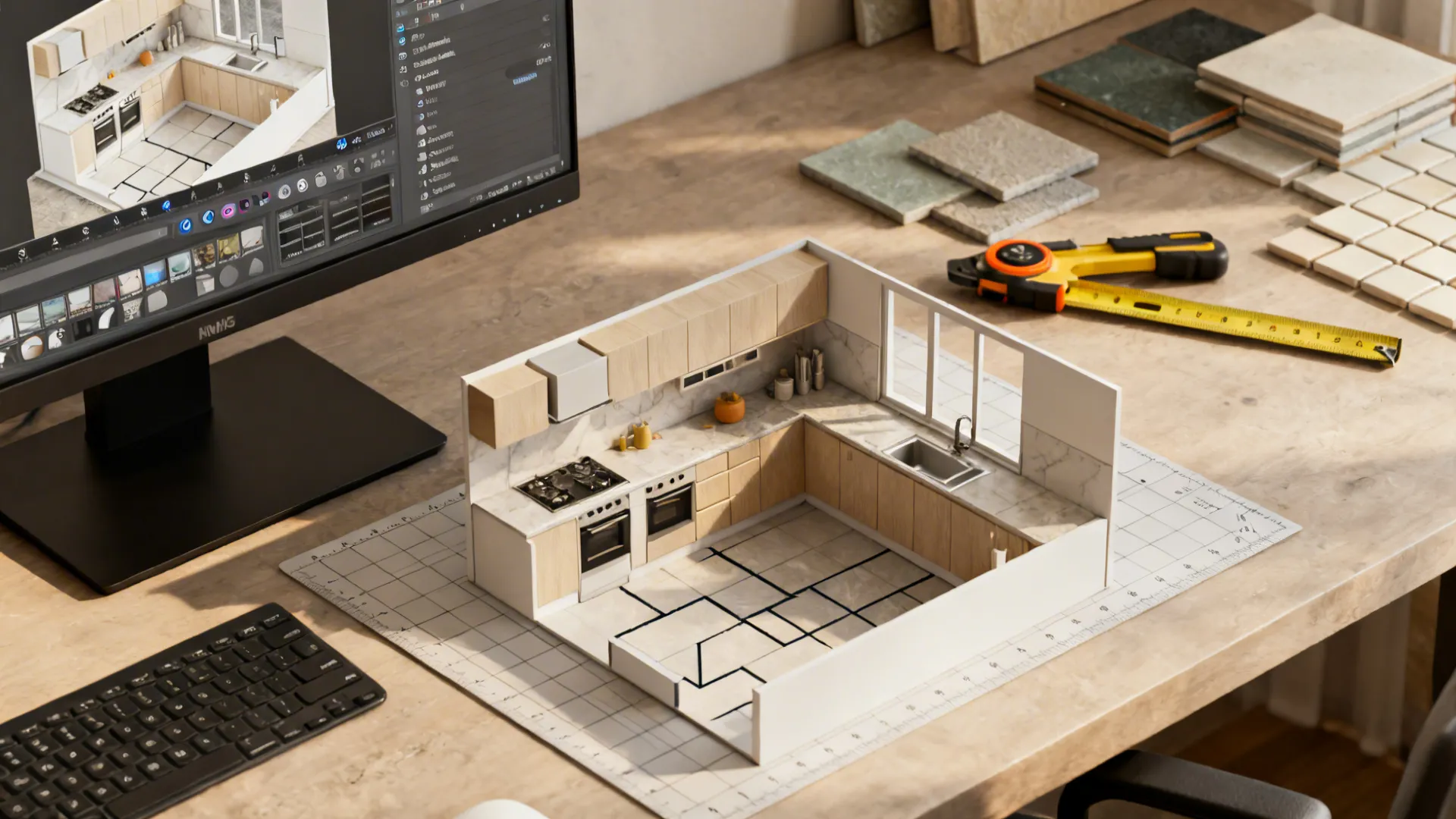 Designer workspace with a monitor showing planning tools, scale model and measuring tools on the desk.