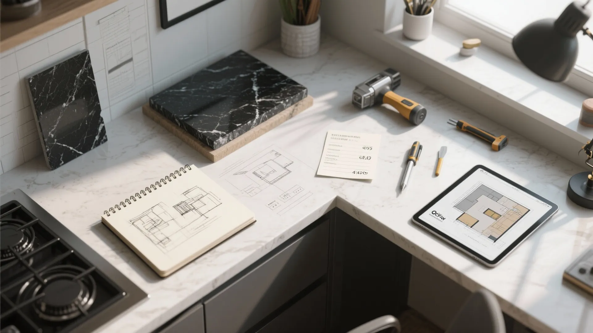 Kitchen counter workspace with hand drawn sketches, tablet floor plan, tools, and black marble samples