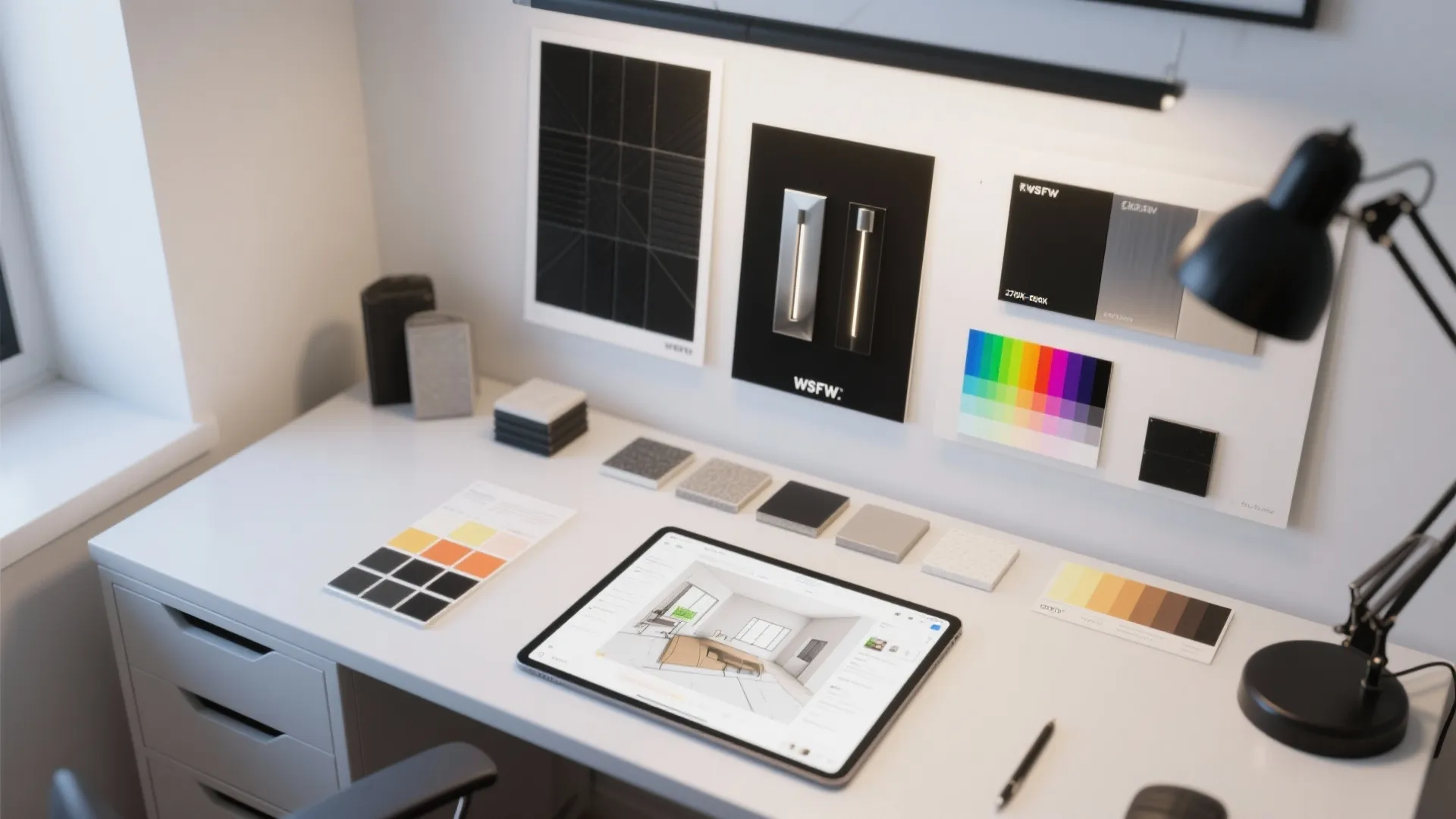 White desk featuring tablet with interior design drawing color palettes and various material sample tiles