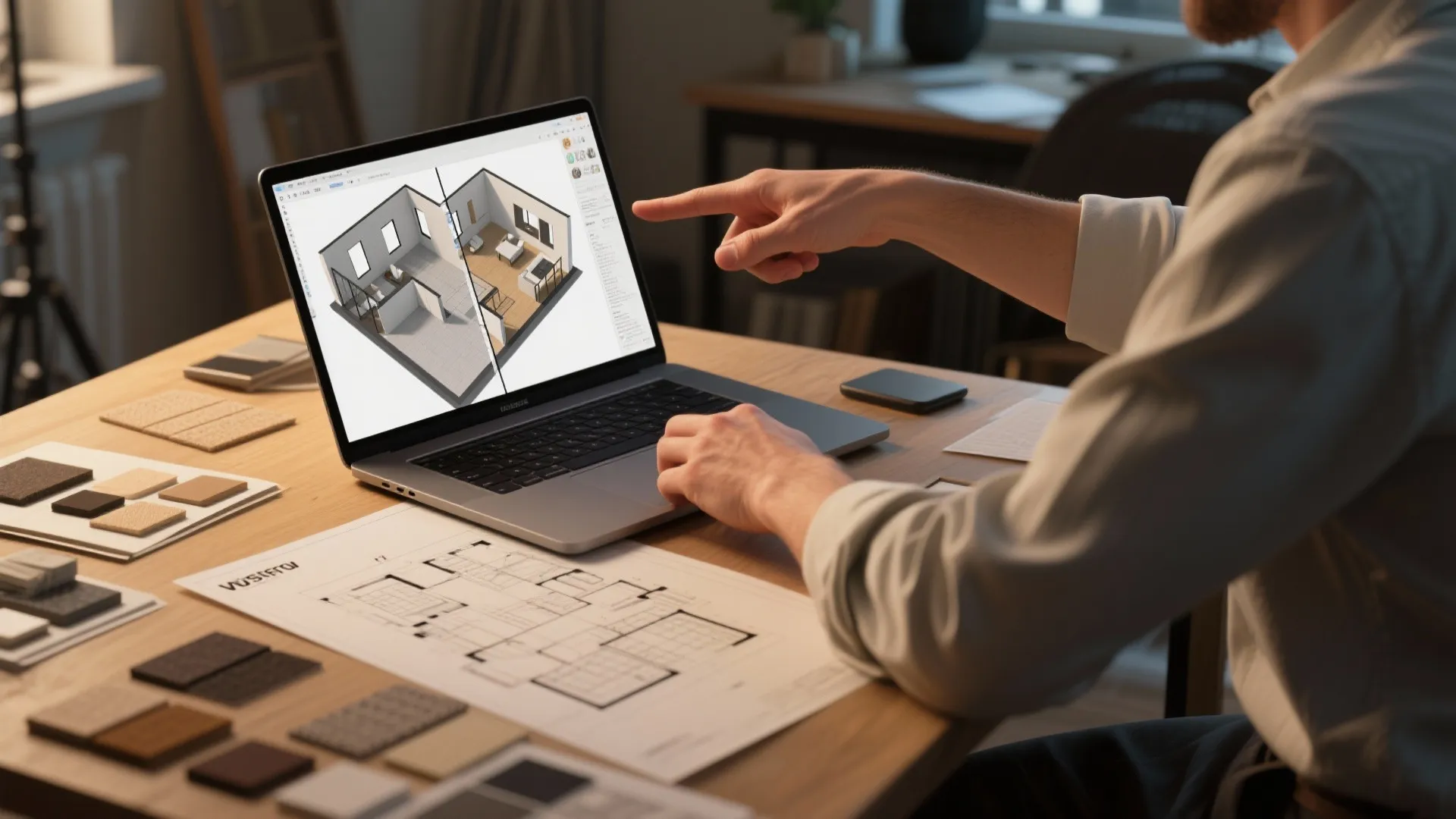 Designer using a 3D floor planner with printed plans and material samples on a table.