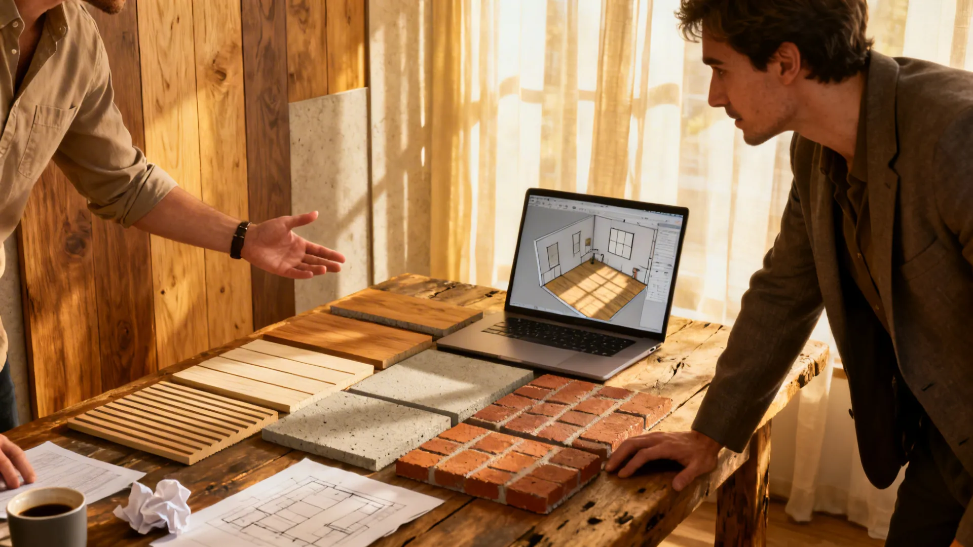 Designer showing wall finish samples and a 3D floor planner to a client in a studio.