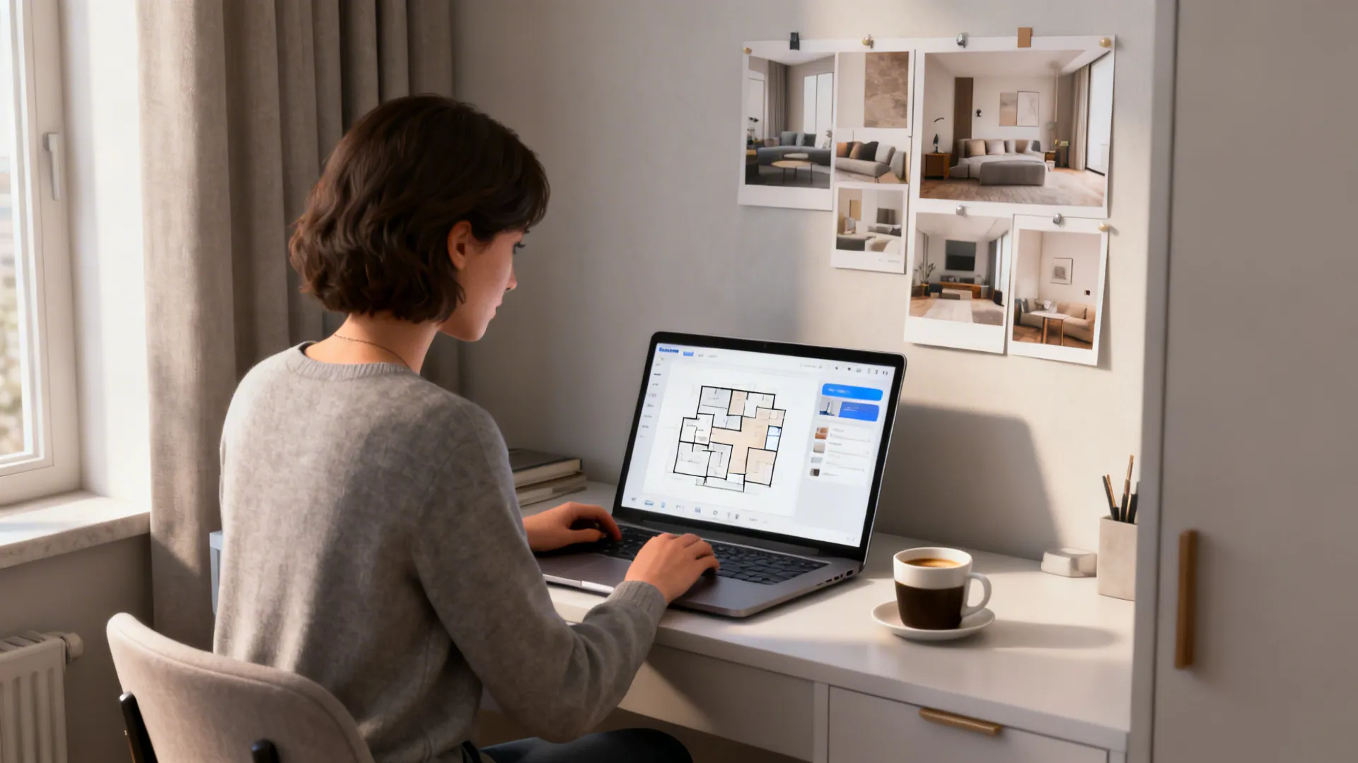 Designer at a laptop reviewing AI-generated room layouts and mood boards in a compact apartment corner.