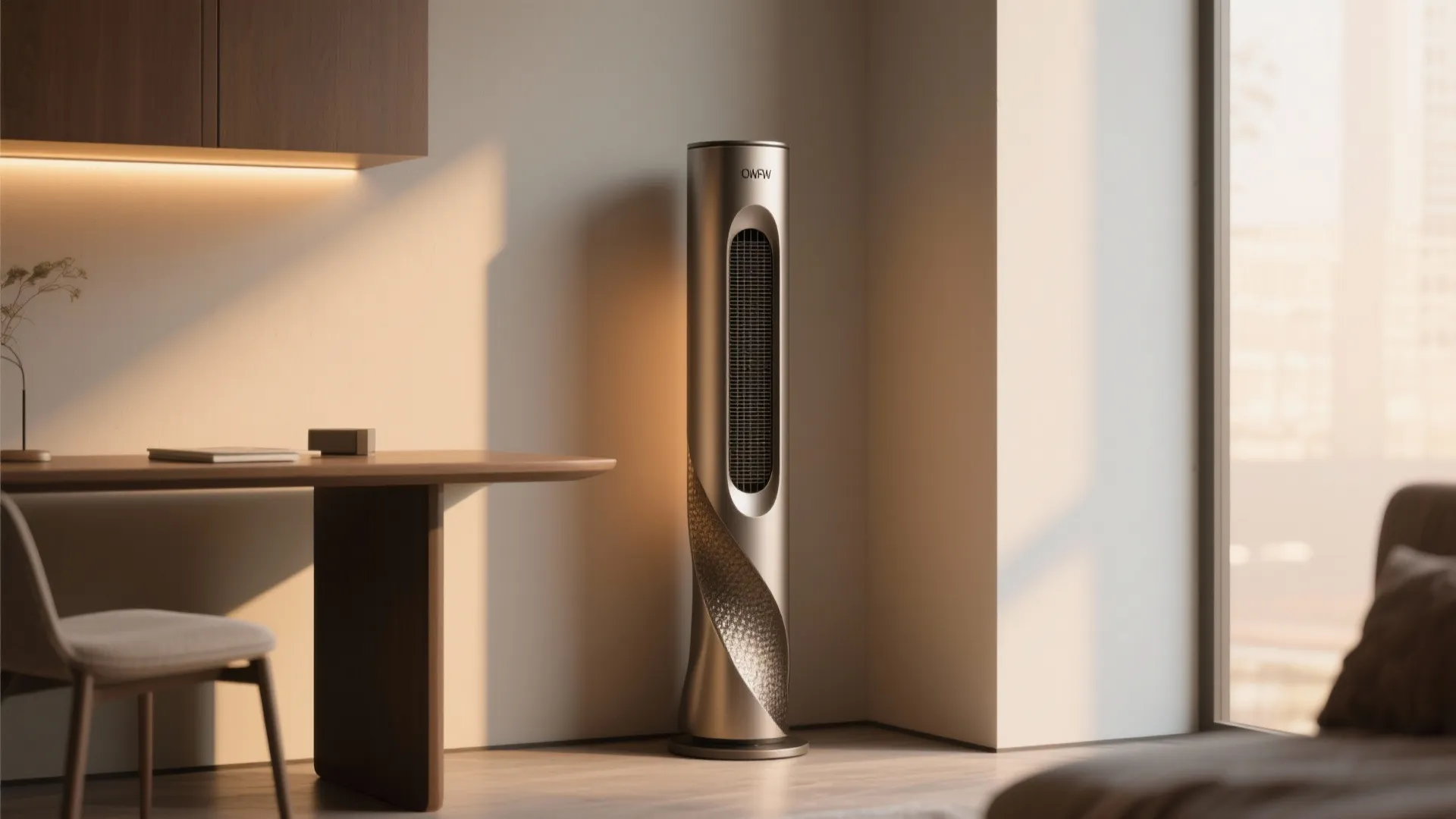 Slim silver floor fan standing in a sunny room next to a wooden work desk