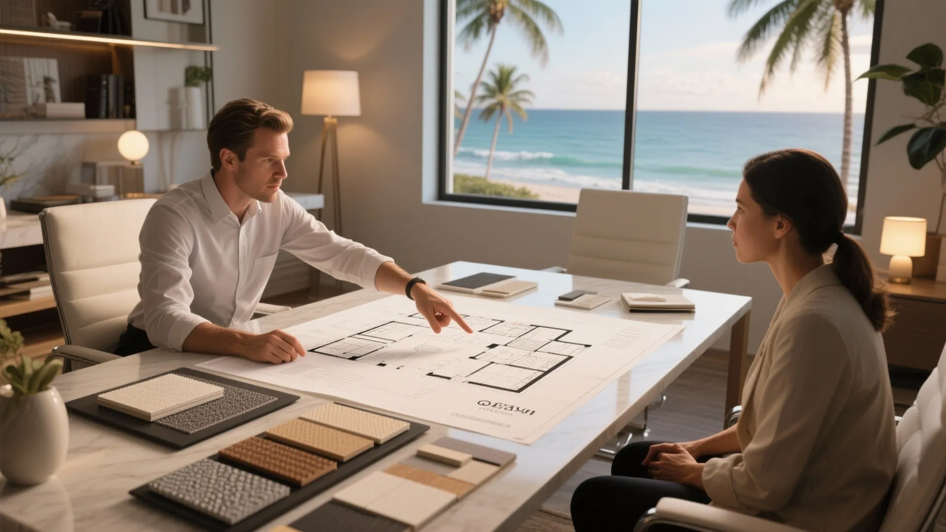 Interior designer pointing at room layout drawing during a meeting with client in oceanfront office