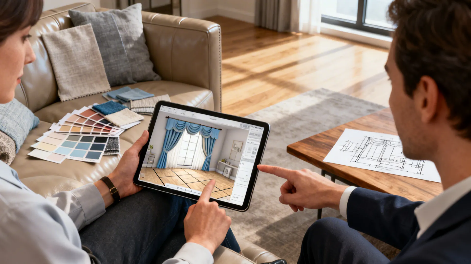 Two people using a tablet to view an interior design drawing of a room layout