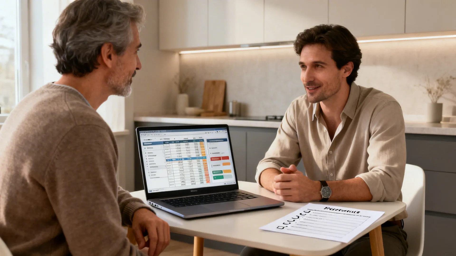 Designer and homeowner reviewing kitchen renovation budget and timeline at a small table
