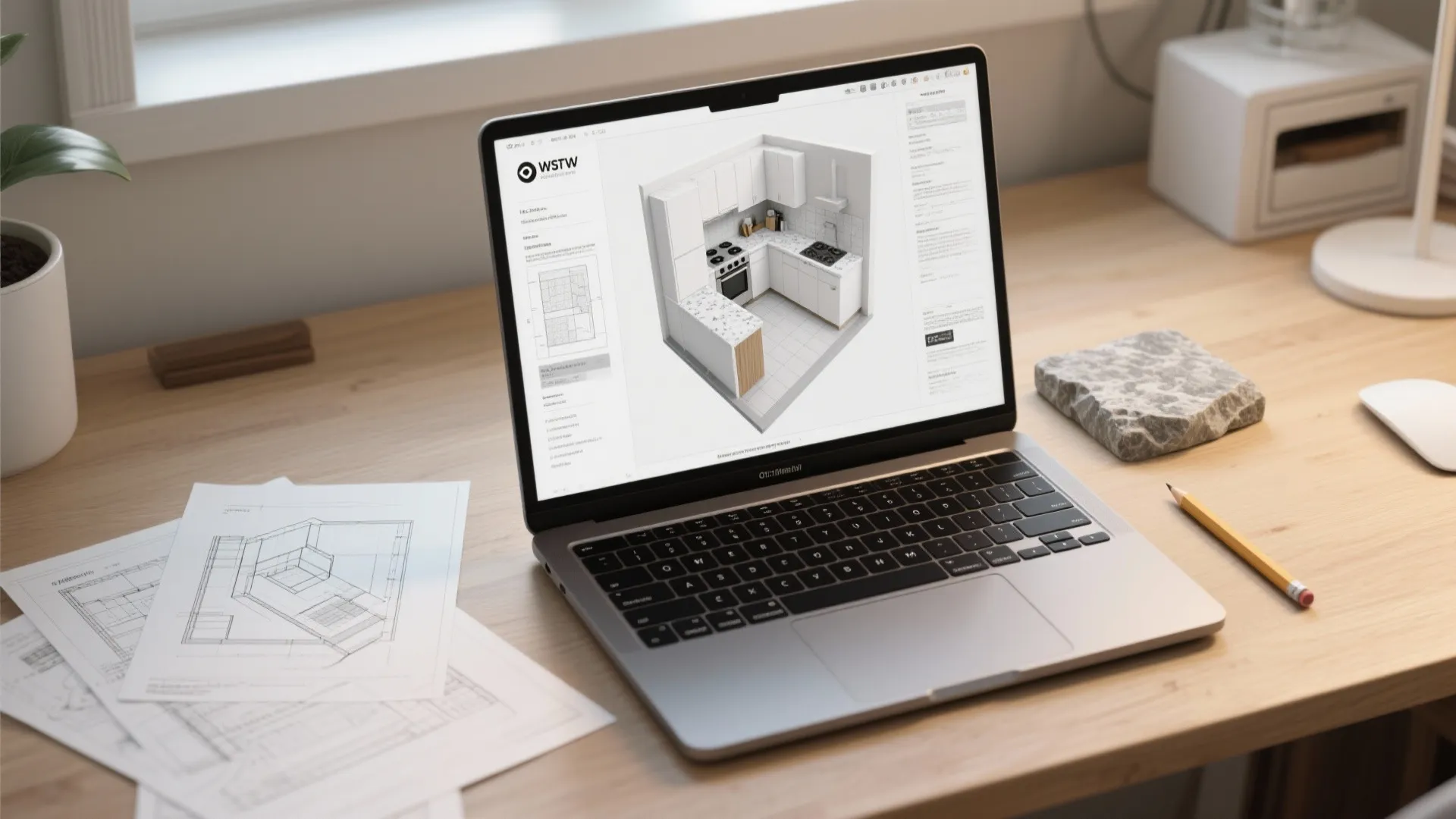 Top-down view of a desk with a laptop showing a 3D kitchen mockup using white granite and printed plans.