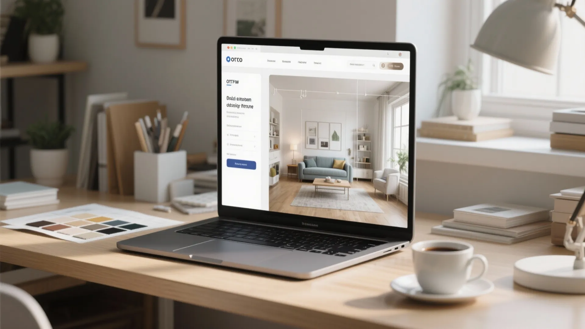 Laptop on wooden desk displaying interior design drawing of living room with sofa and windows