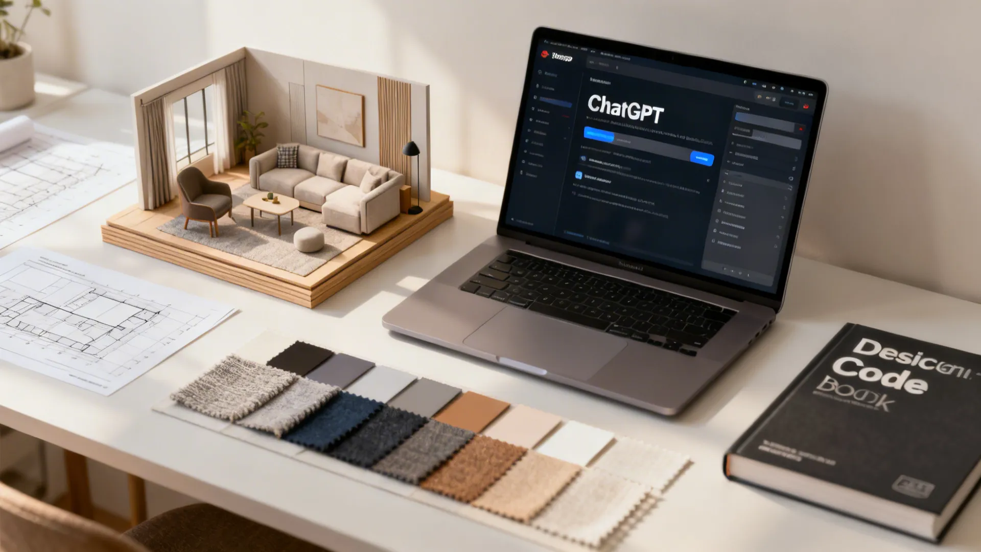 Designer desk with laptop showing ChatGPT, scale model, and material swatches illustrating design collaboration and FAQs.