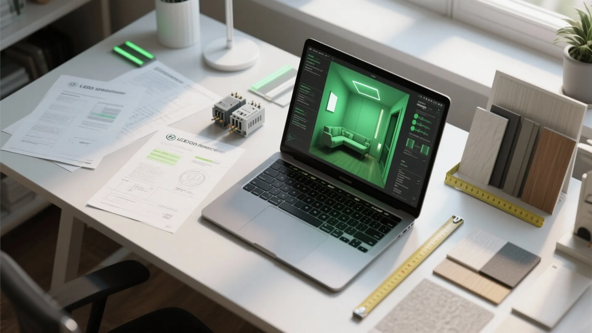 Laptop on white desk showing green interior design drawing with paper plans and material samples