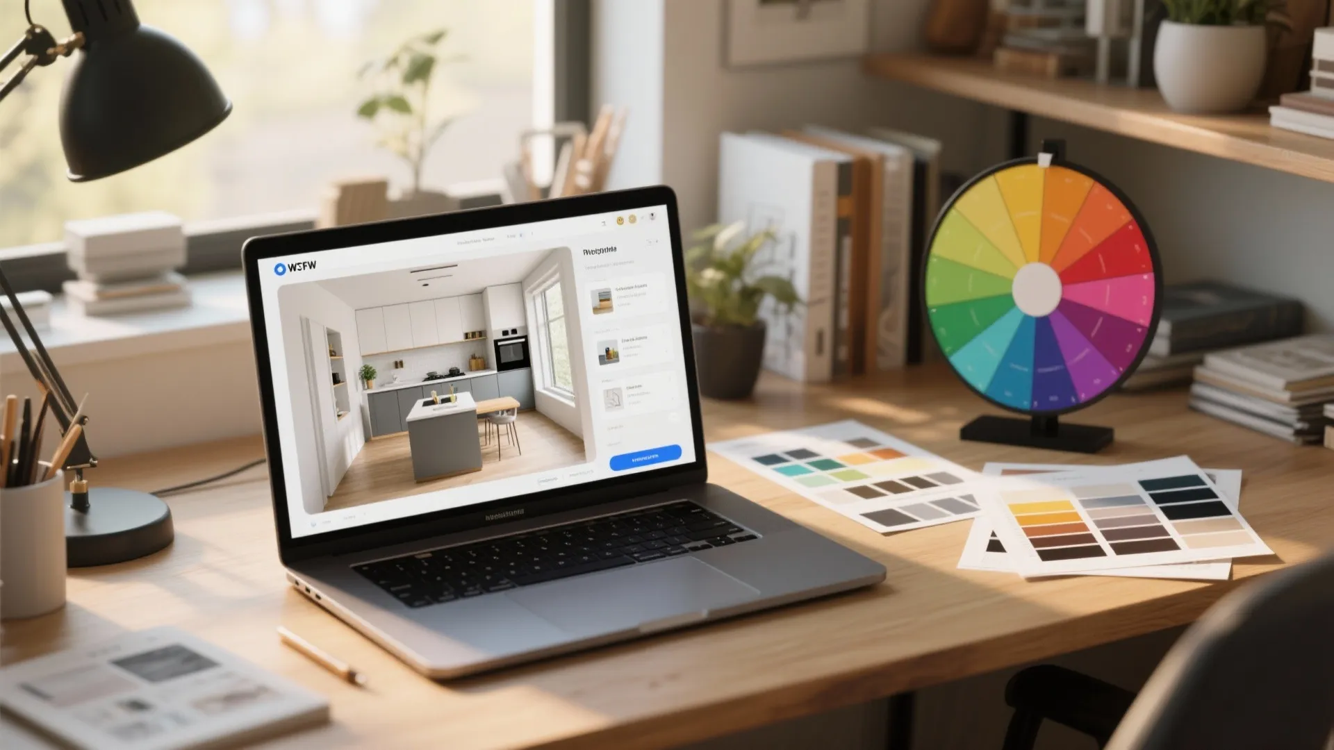 Designer desk with laptop showing a 3D kitchen mockup and physical samples