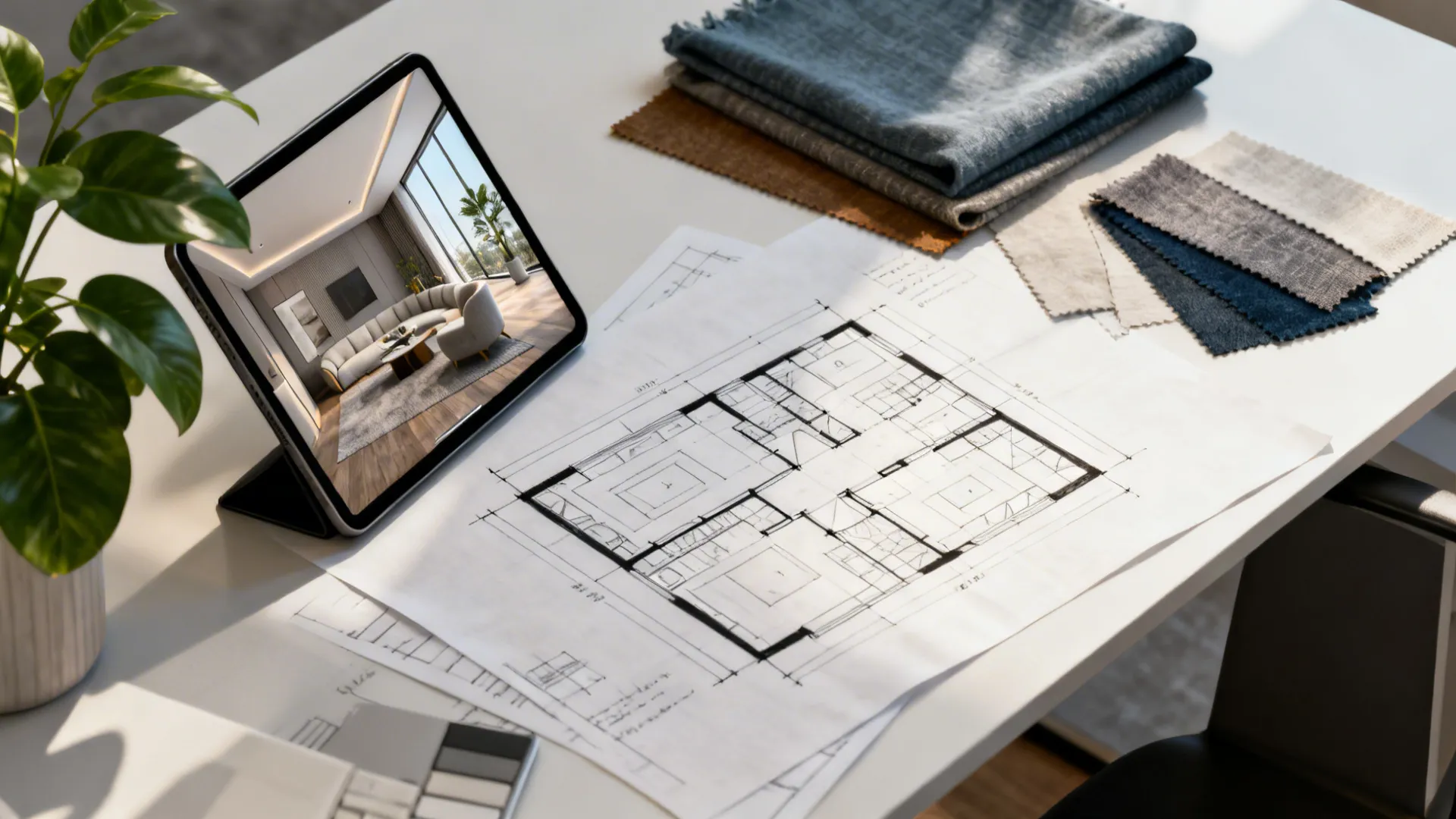 Designer desk with floor plan sketches, tablet 3D mockup, and material swatches