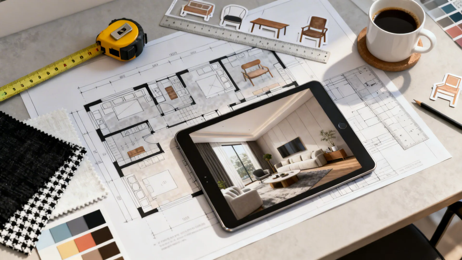 Top-down view of a designer's desk with floor plans, a tablet 3D mockup, fabric swatches and measuring tools.