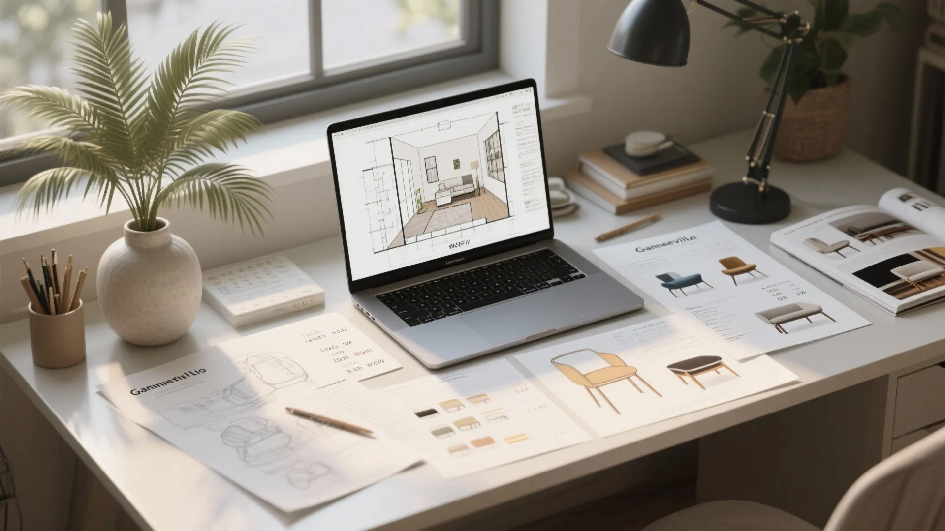 Designer desk with a laptop showing a room planner, sketches, and material samples for budget-friendly renovations.