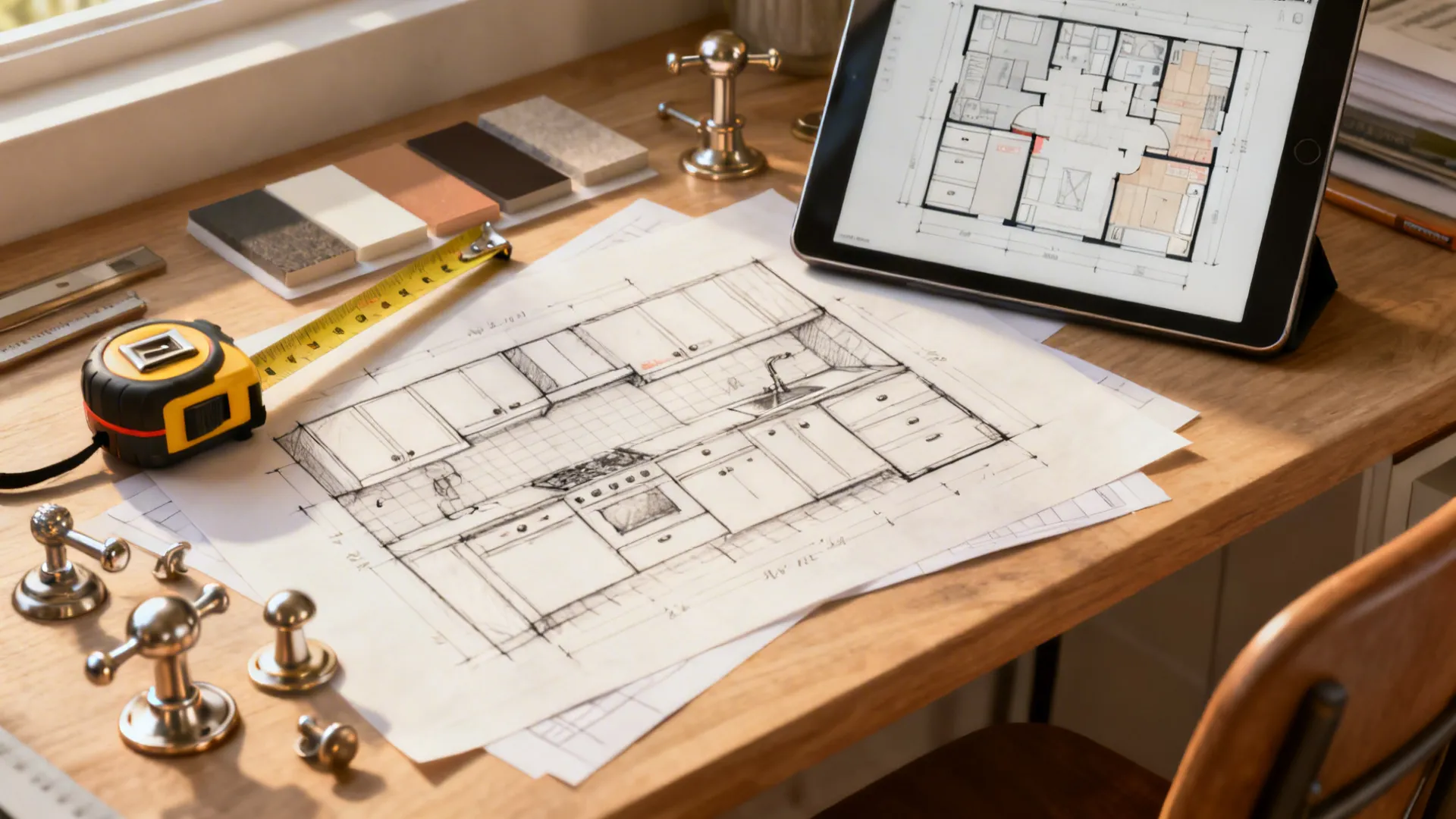 Designer desk with kitchen layout sketches, measuring tape and a tablet showing a floor planner for small-kitchen planning.