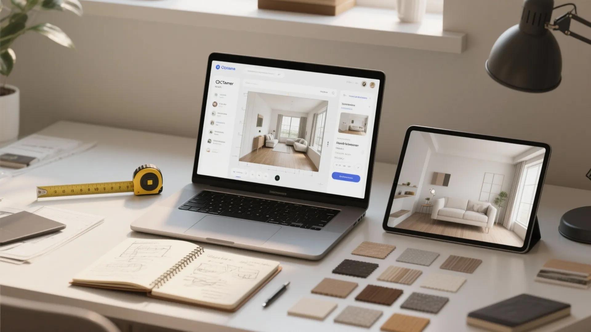 Designer desk with laptop room-planner, tape measure, swatches, and tablet showing 3D render.