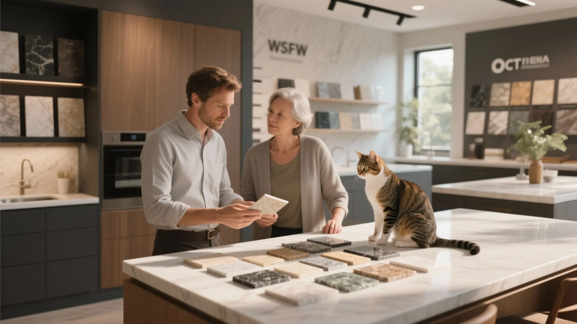 Interior designer showing stone samples to a client in a modern kitchen showroom with cat
