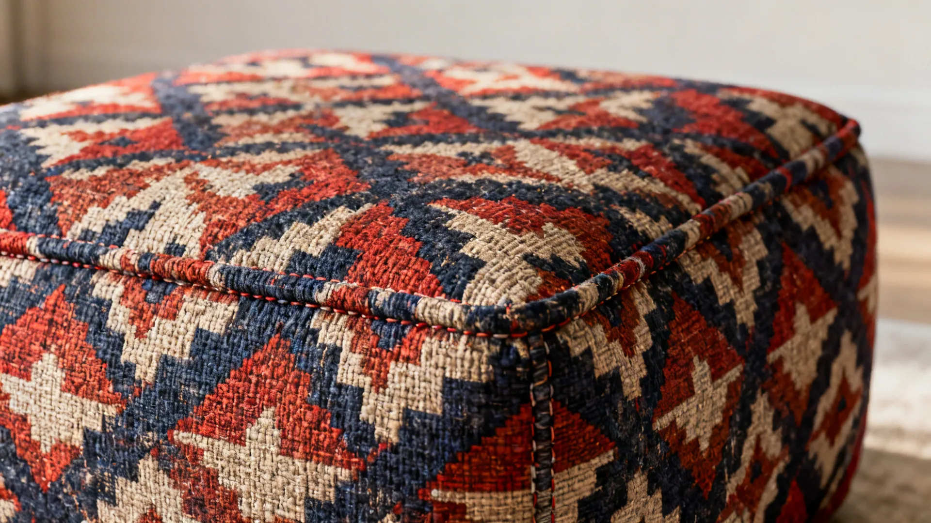 Close-up of patterned fabric upholstery on a large statement ottoman showing texture and stitching.