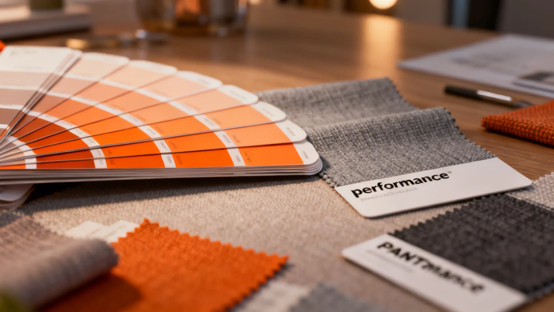 Orange color palette fan deck with grey and orange fabric samples on a wooden desk surface