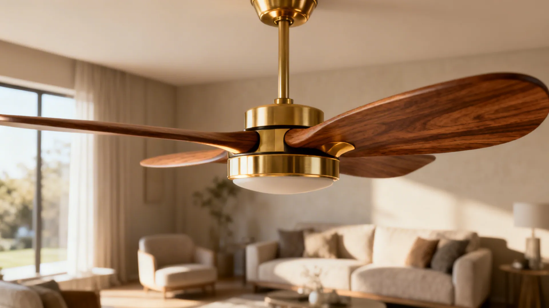 Sculptural wooden and brass ceiling fan as a focal point in a neutral living room