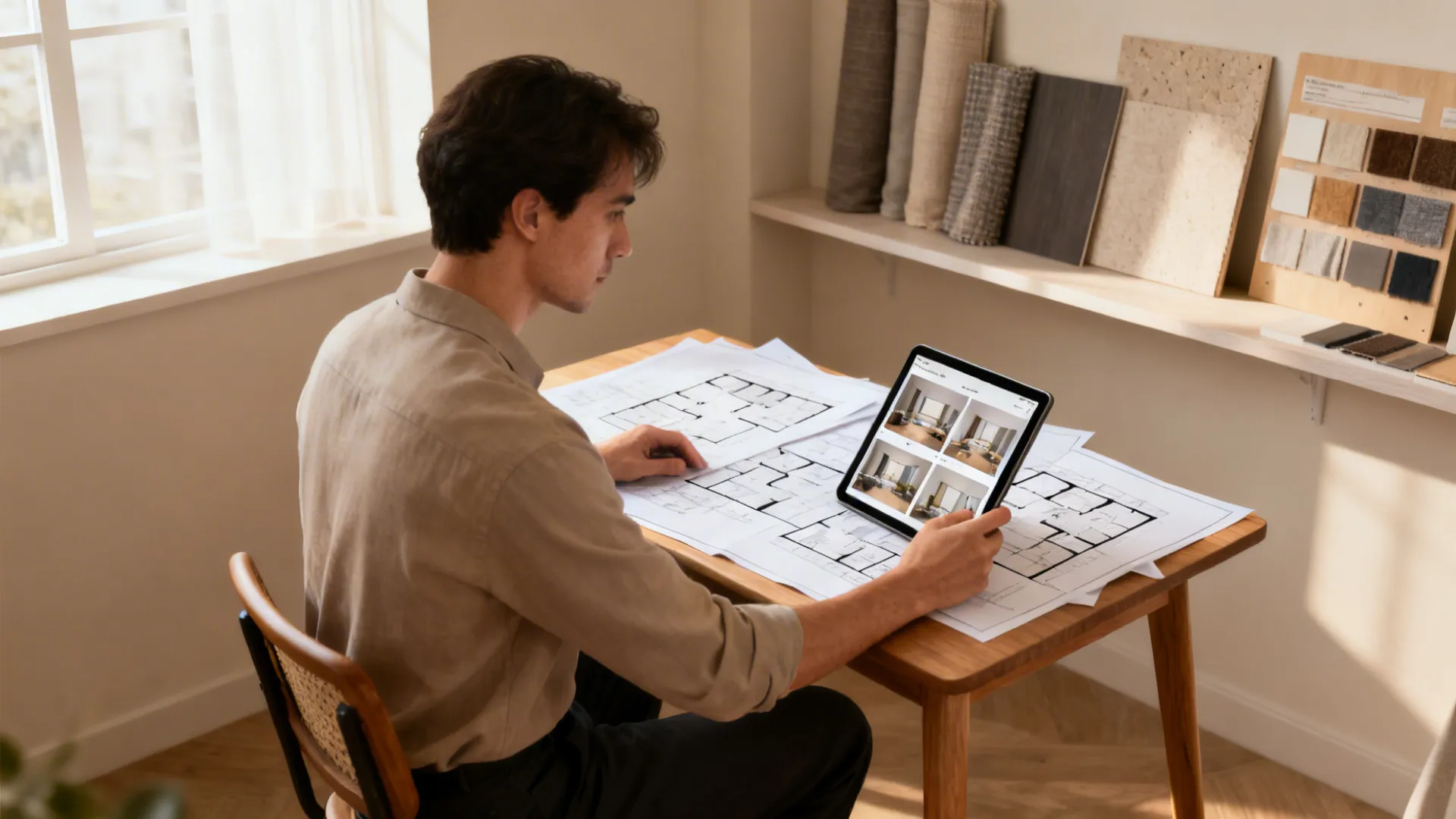 Designer reviewing AI-generated layouts and printed plans at a small desk.
