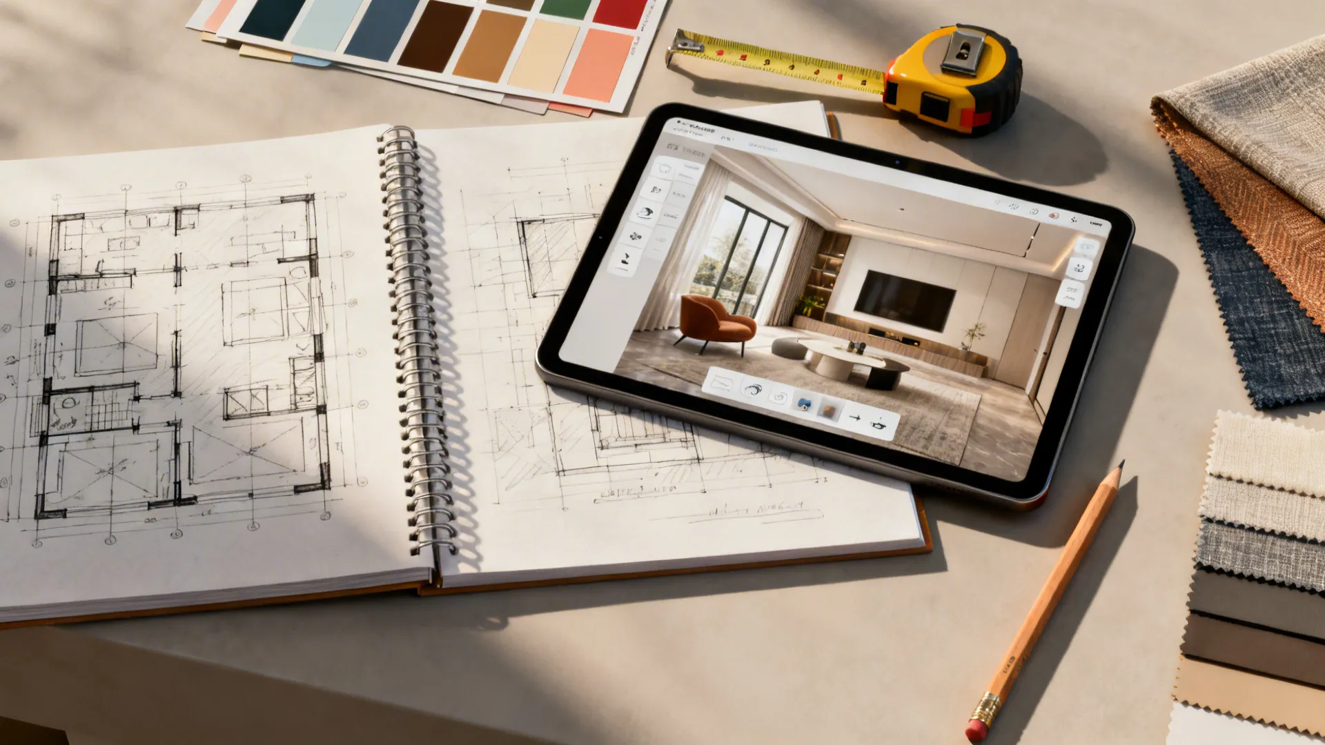 Flatlay of sketchbook, tablet with 3D planner, color swatches and a tape measure