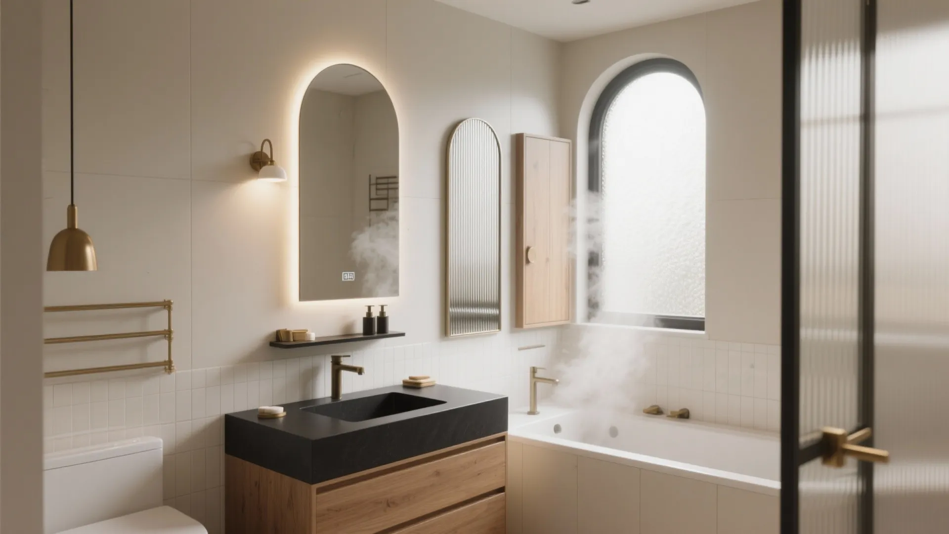 Bright bathroom with arched lighted mirror black sink wooden cabinet white bathtub and gold fixtures