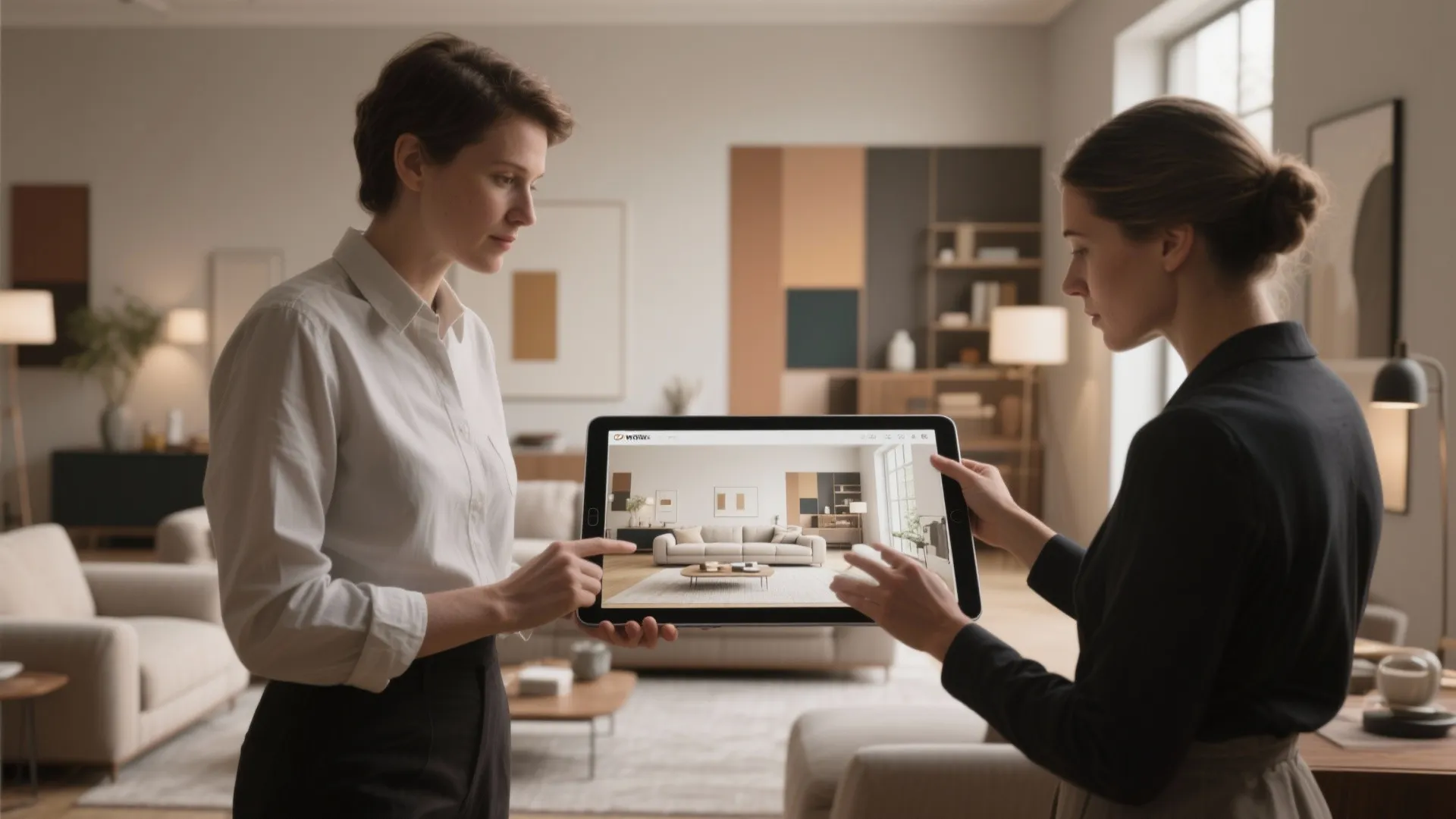 Two female interior designers using a digital tablet to showcase a modern living room layout
