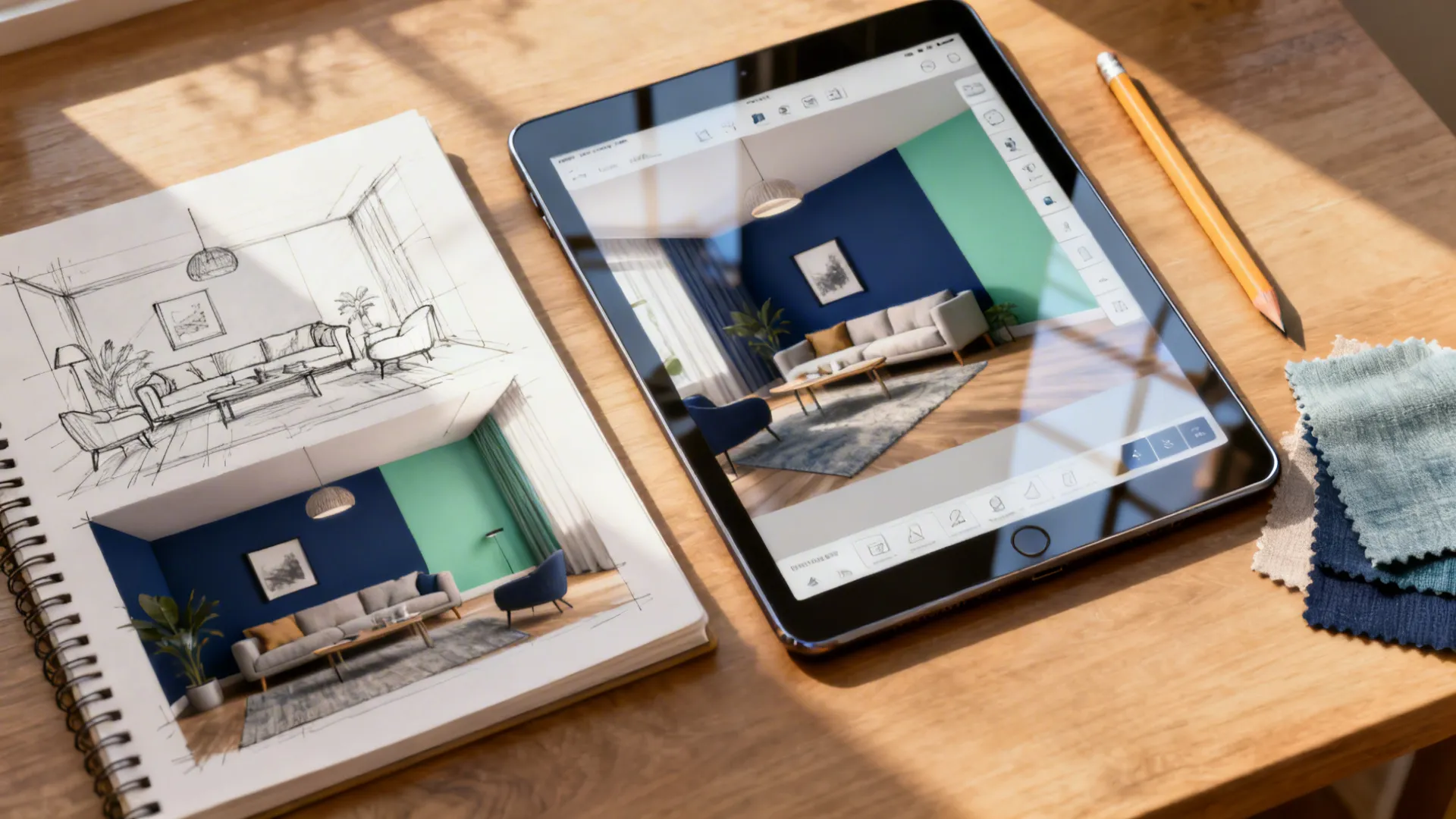 Tablet showing interior design drawing next to sketchbook with living room sketches on wooden desk