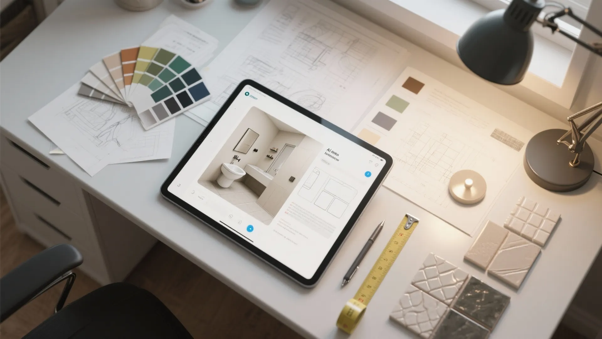 Designer desk with tablet showing bathroom plan color swatches technical drawings tape measure and samples