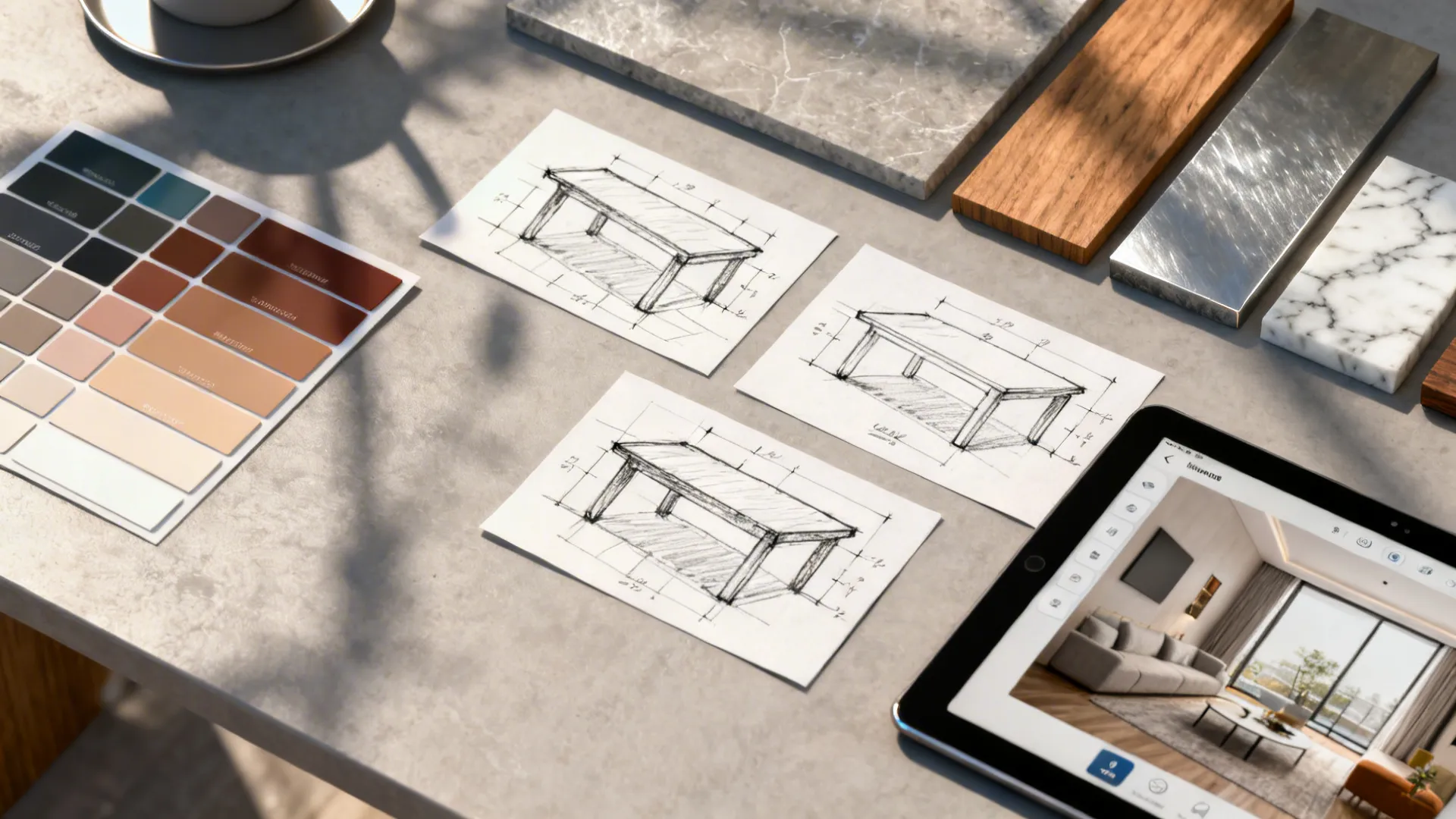 Floor plan sketches and material swatches for planning three-table layouts with a room planner app