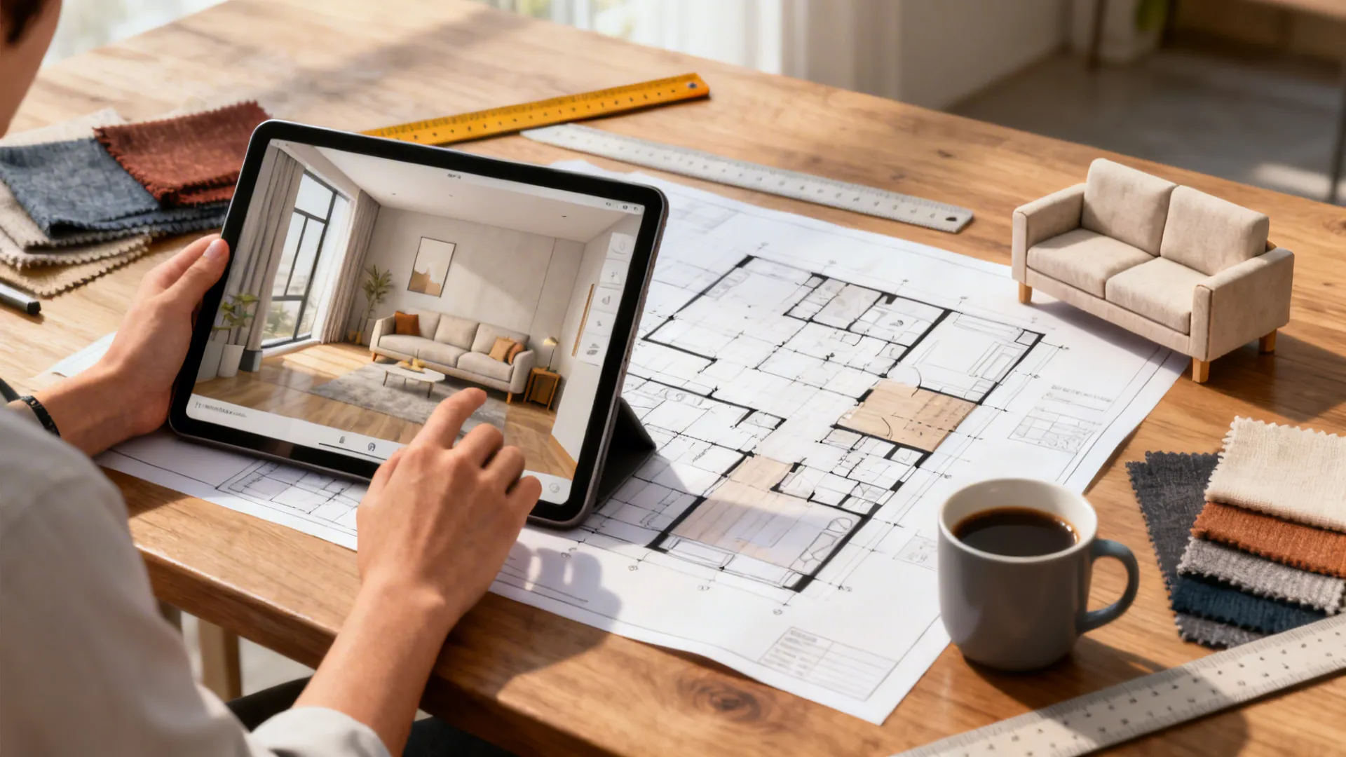 Designer using a room planner on a tablet with floor plans and material samples