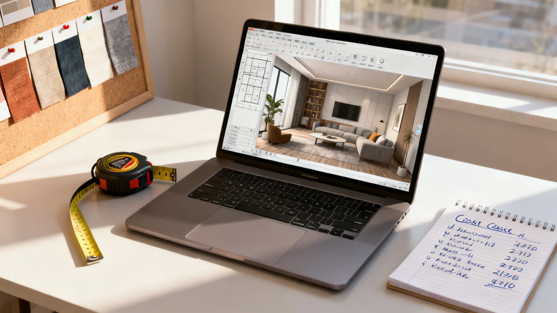 Designer workspace with 3D room planner, swatches, and cost notes for living room remodel planning.