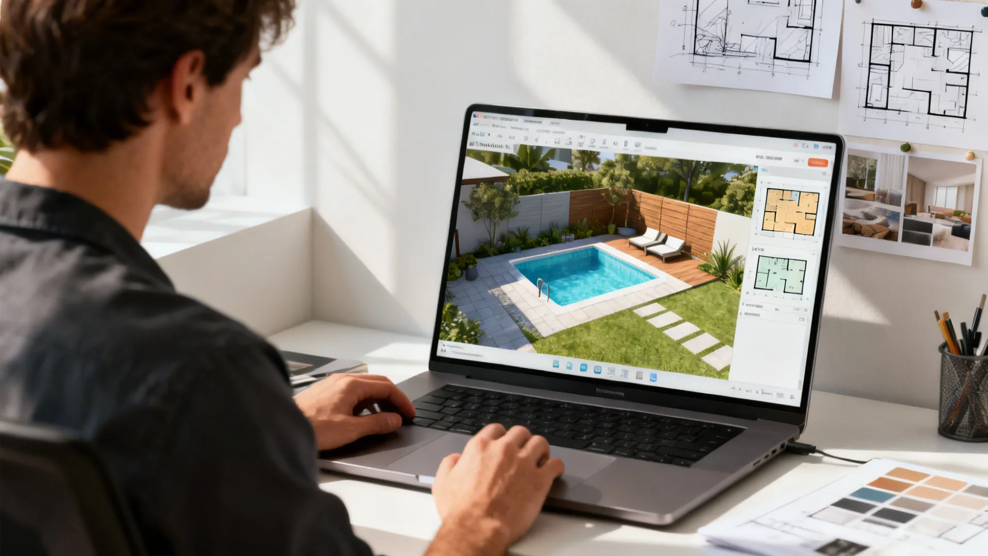 Designer using an online 3D floor planner to test plunge pool layouts in a small backyard.