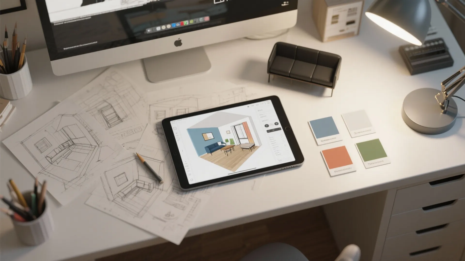 Designer desk with tablet showing 3D room layout sketches color samples and a computer monitor
