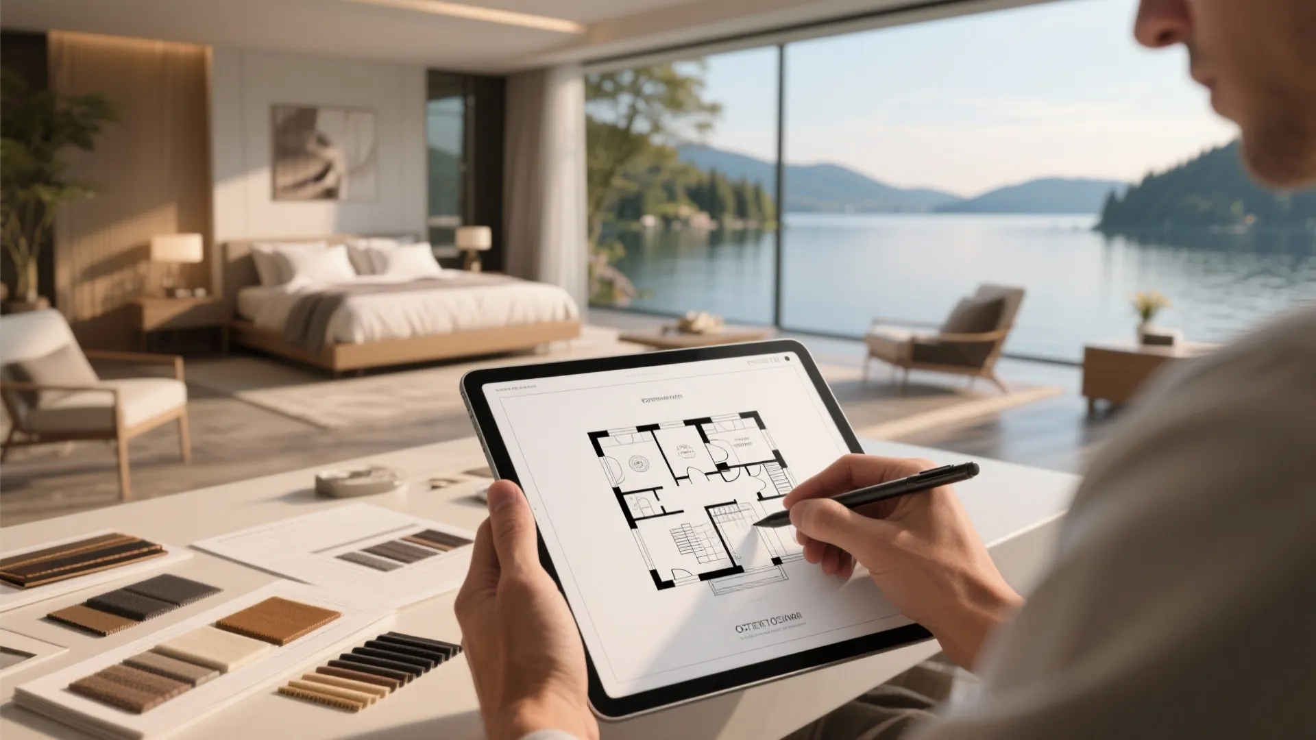 Designer using a 3D floor planner tablet and printed layout with lake-view suite in background