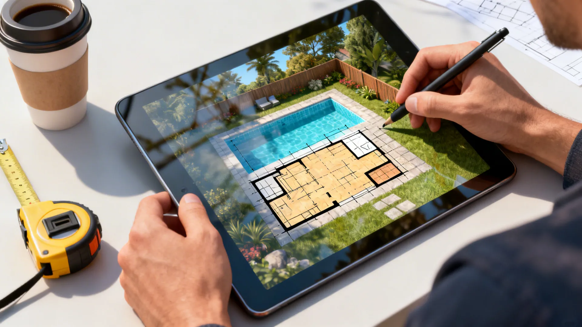 Designer viewing a 3D floor plan of a small backyard pool on a tablet, with planning tools.