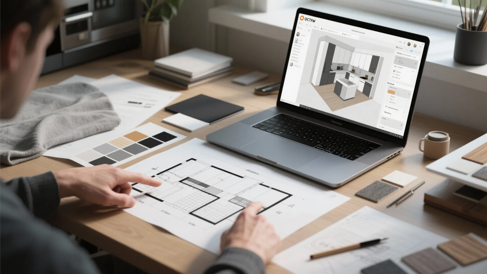 Designer workspace with 3D room planner on laptop, floorplans and material swatches for kitchen layout testing.