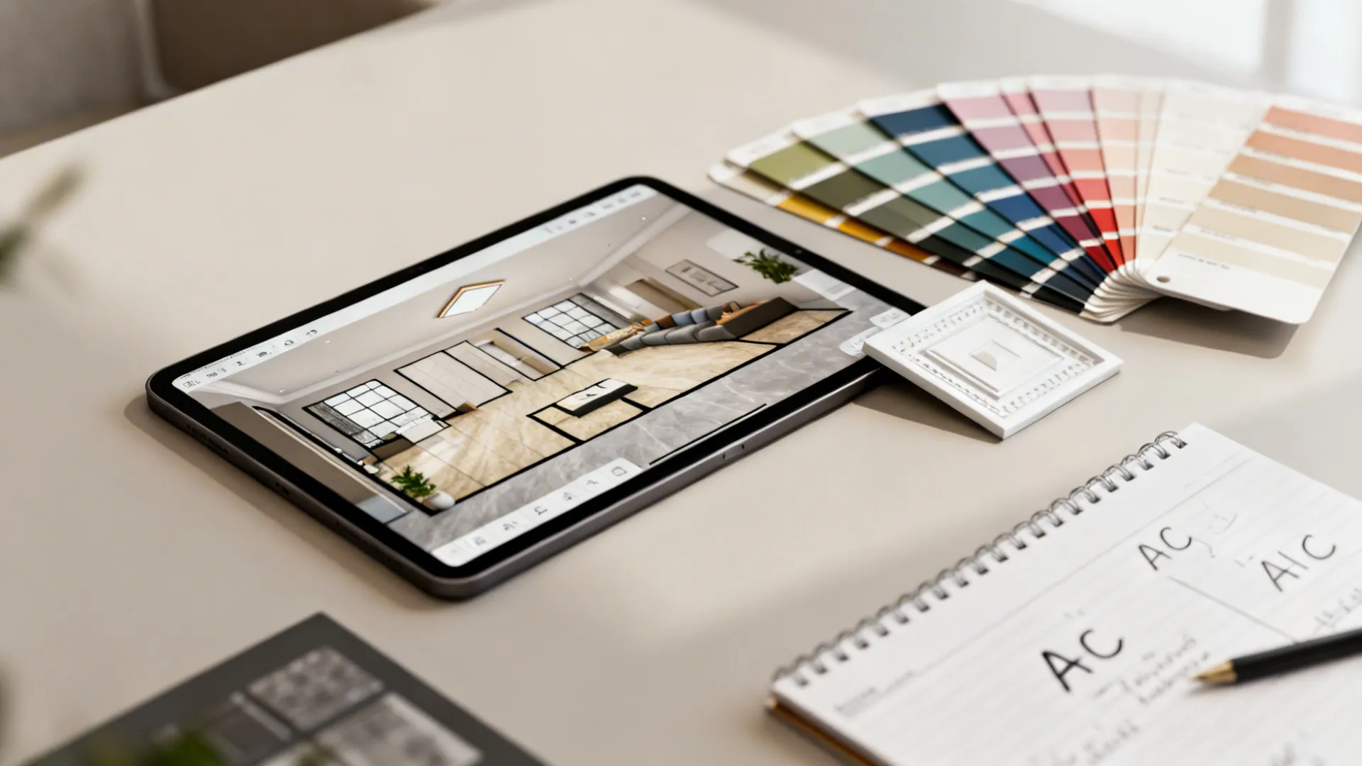 Flatlay of a designer workspace with a tablet showing a 3D floor plan and material swatches for AC placement planning